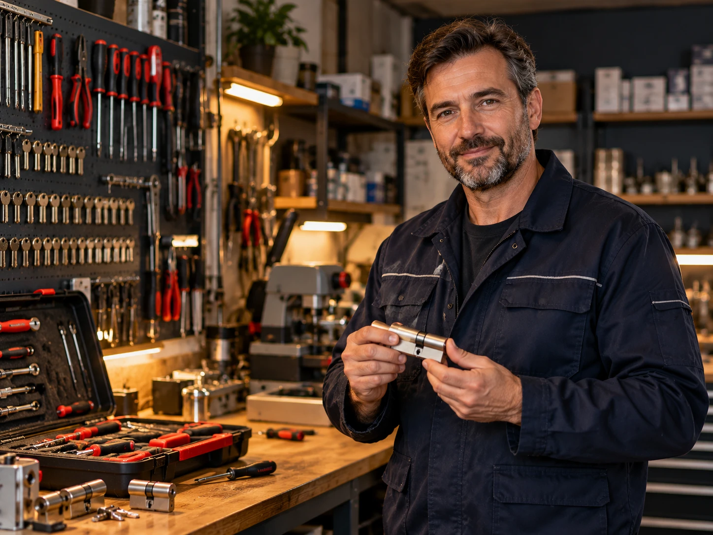 Artisan du Serrurier Bourges dans son atelier, tenant un cylindre de serrure neuf, 15 ans d'expérience
