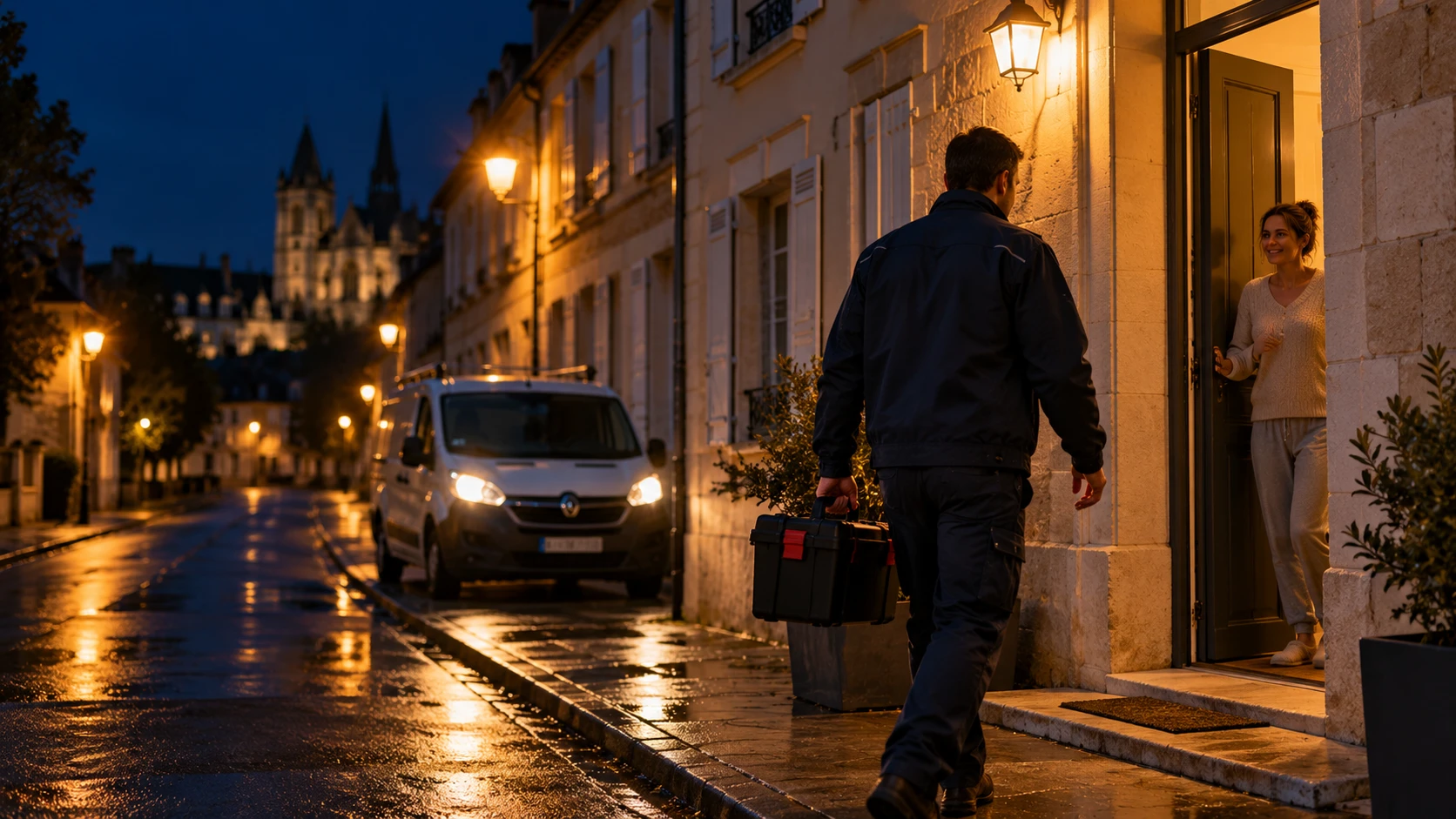 Serrurier Bourges arrivant de nuit chez une cliente pour un dépannage urgent, cathédrale de Bourges en arrière-plan
